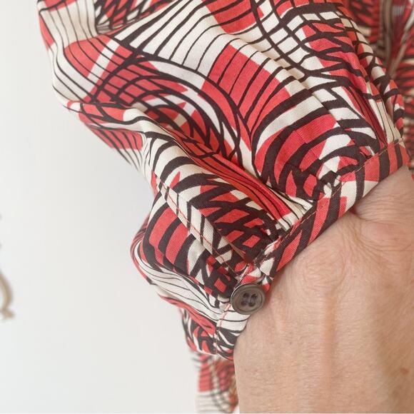 Whit Geo Print Balloon Sleeve Button Front Silk Blouse L - Picture 3 of 8